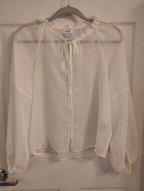 On 34th Women's blouson-sleeve blouse Semi-sheer Winter Ivory Chiffon, Size: M